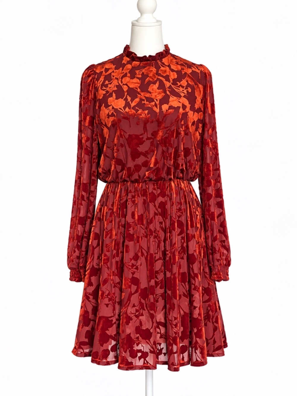 Banana Republic Petite S Burgundy Orange Floral Velvet Burnout Dress